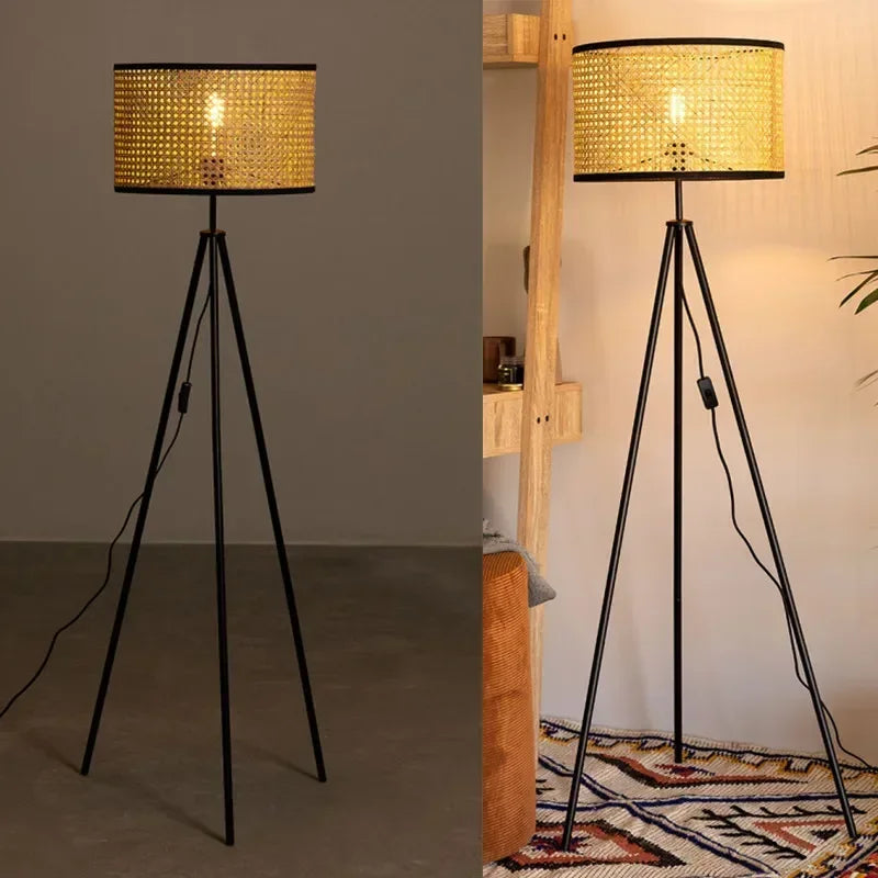 Lampadaire trépied scandinave LED avec abat-jour en tissu pour salon et chambre.