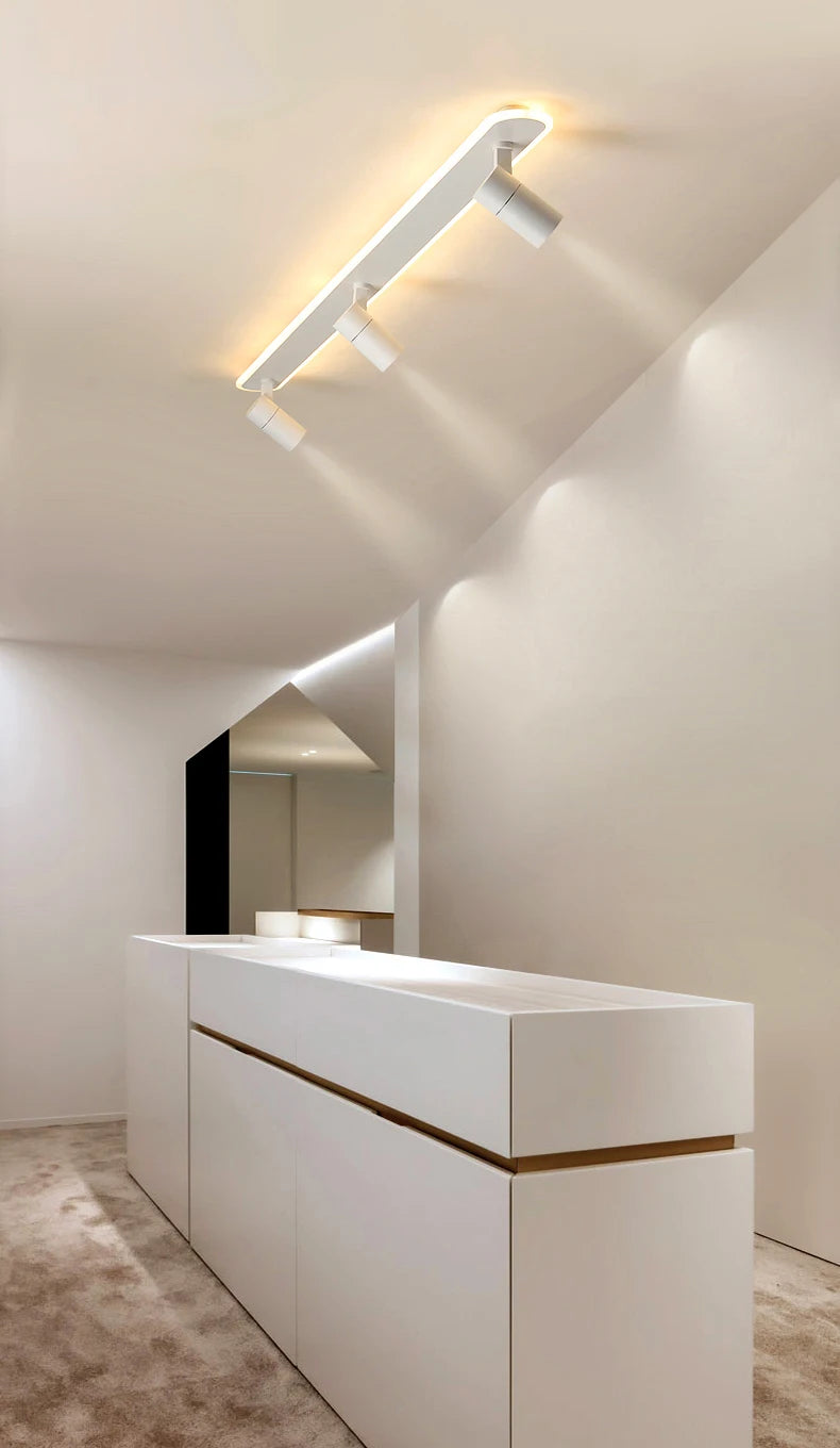 Luminaire noir moderne en rail pour plafond avec lumière LED ajustable.